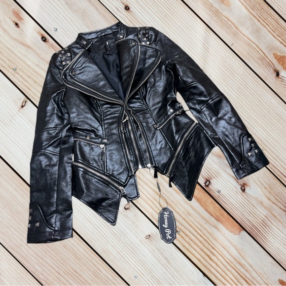 NWT SX Honey Pot XXS black faux leather spiked motorcycle jacket - Picture 2 of 11